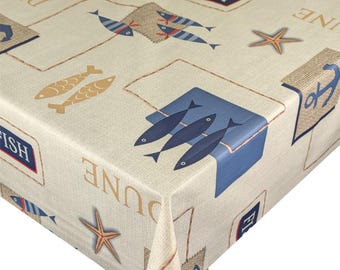 Starfish Anchor Fish Natural PVC Vinyl Tablecloth Cover- Seaside Nautical - Indoor Outdoor Use Wipe Clean Table Protector Cloth