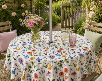 Round 160cm Wider Width PVC Tablecloth with Parasol Hole - Wildflower Meadow Floral - Garden Tablecloth Outdoor Vinyl