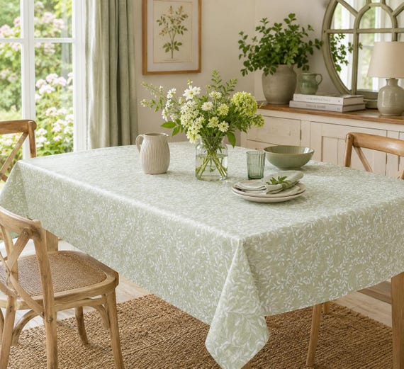 Green Willow Leaves PVC Vinyl Tablecloth Cover Indoor Outdoor Use Wipe Clean Table Protector Cloth Oilcloth- All Sizes Shapes-