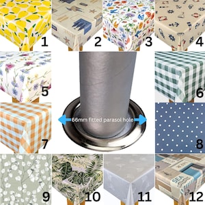 May include: A set of 12 different tablecloths with various patterns and colours, including floral, geometric, and nautical themes. The tablecloths are all rectangular and have a hole in the centre for a parasol. The text "66mm fitted parasol hole" is visible in the image.