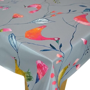Barmy Birds Grey PVC Vinyl Tablecloth Cover Indoor Outdoor Use Wipe Clean Table Protector Cloth Oilcloth- All Sizes Shapes-