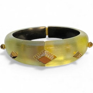 Vintage Alexis Bittar Lucite Hinged Bracelet: Gold Rhinestone Diamonds