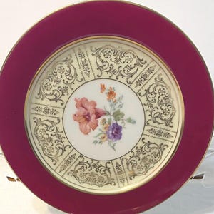 Set of 2 Bavarian Tirschenreuth Dinner Plates/Floral Center/Berry Red