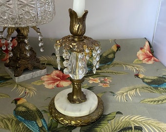 Brass and Crystal Candlestick Holder/Vintage Hollywood Regency