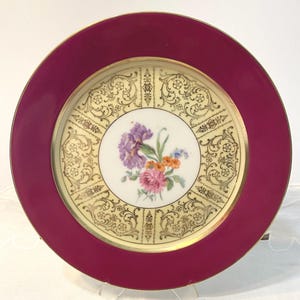 Set of 2/Bavarian Tirschenreuth Dinner Plates/Floral Center/Berry Red