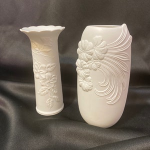 Kaiser Bisque Porcelain Vases/German Pottery/ Dogwood Scalloped Trumpet/