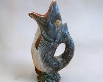 19th century French Majolica Gurgling Fish Pitcher/Antique/