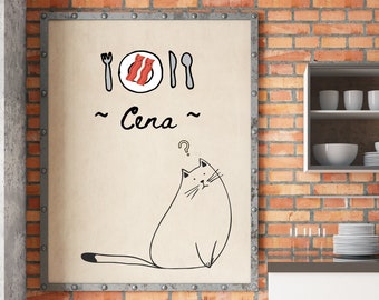 printable wall art, cute, cat art, bacon, dinner, yellow, digital art, poster, trendy, instant download, line art, minimalist, home décor