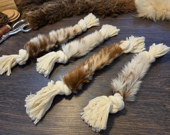 Unique, Spotted Goat Skin Rope Dog Toy. All Natural Cotton Rope with Real Goat Skin sleeve, knotted on both ends. Handmade. All organic.
