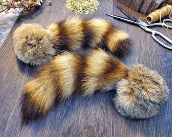 2 Catnip filled rabbit fur balls with raccoon tails, cat toy, kicker, handmade, organic, all natural cat toys. Real fur cat toys. Unusual