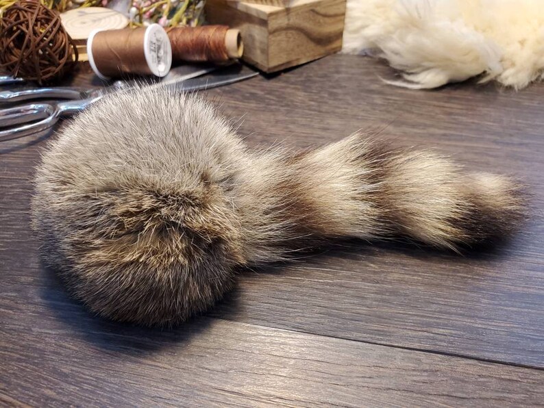 Handmade Catnip Cat Toy: Rabbit Fur Ball with Raccoon Tail bild 4