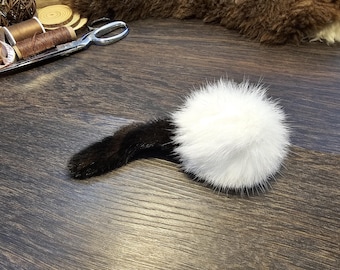 Tiny Tails Cat Toy. Real Rabbit Fur Ball with Mink Tail. Wool Core, catnip optional. All real furs, all natural, undyed, all organic.