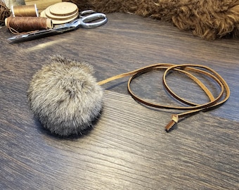 Handmade Rabbit Fur Cat Toy Pompoms: Natural Wool Core, With leather Cord, Catnip Infused