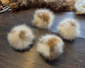 Set of 2 Spotted Alpaca Fur Pompoms, Natural Soft Cat Toys (2-4 Inch)