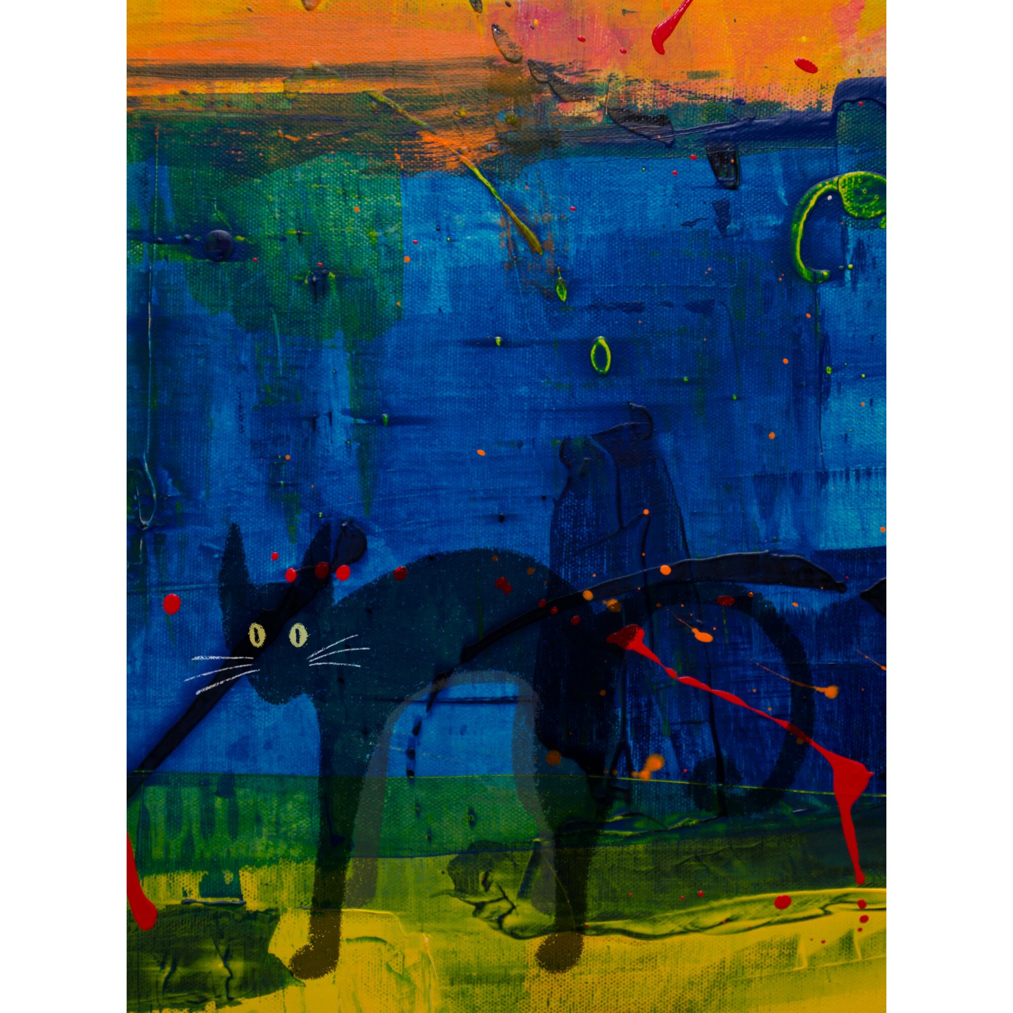 abstract cat, cat art, home decor, printable art, trendy, line art, minimalist, poster, wall hanging, black, blue, orange, abstract art.