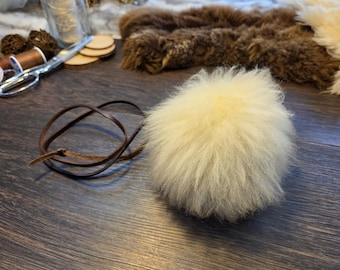 Handmade Sheepswool Cat Toy Pompoms: All Natural. Wool Core, With Durable leather Cord, Catnip Infused. Large and Fluffy!