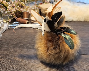Handmade Alpaca Fur Pompom Cat Toy with Feathers - Catnip Option