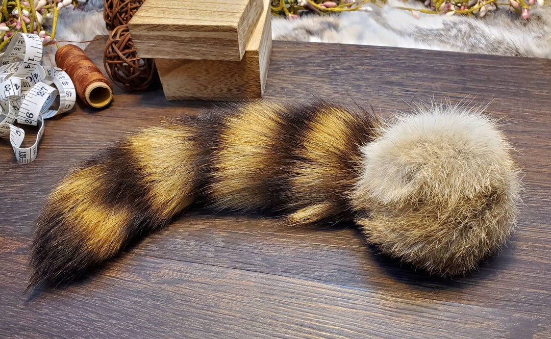 Catnip Filled Rabbit Fur Ball With Raccoon Tail, All Natural, Real Fur