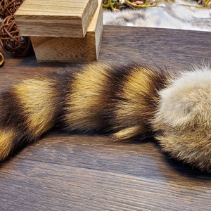 May include: A raccoon tail with a fluffy, brown and tan striped tail and a round, fluffy, brown and white head.