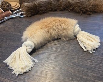 Beautiful Rabbit Fur, Rope Dog Toy. All Natural Cotton Rope with Real Rabbit Fur sleeve, knotted on both ends. Handmade. All organic. Unique