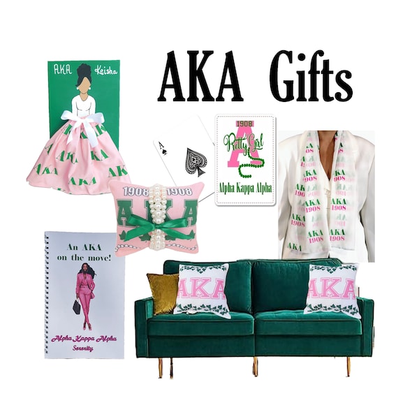 Alpha Kappa Alpha Sorority - Paraphernalia Scarf, Jewelry Bracelets, Mini Notebook, Playing Cards,  14in Sofa Pillows, Doll Painting