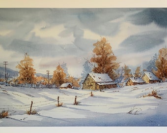 Watercolor Print-Winter Barn