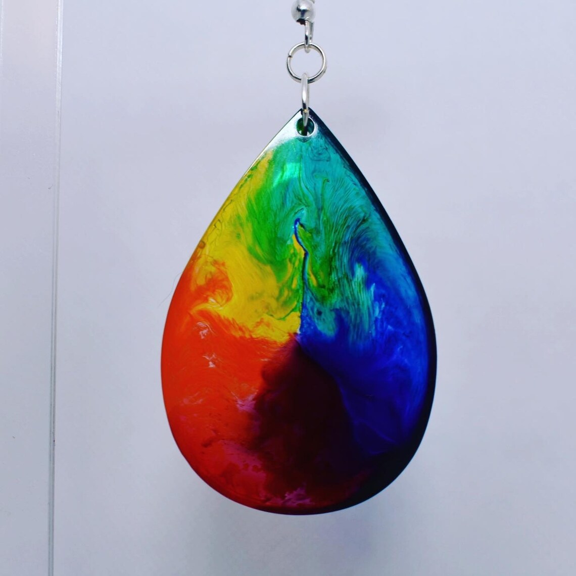 Rainbow swirl large tear drop dangle earrings on silver Etsy