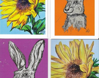 Paquet de 11 cartes de voeux vierges aux motifs variés lièvre tournesol renard coucher de soleil iris âne