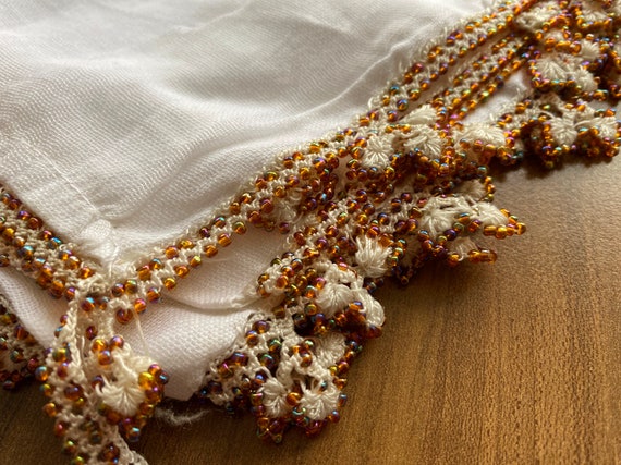 Vintage Turkish Scarf with beaded Lace OYA, cotto… - image 3