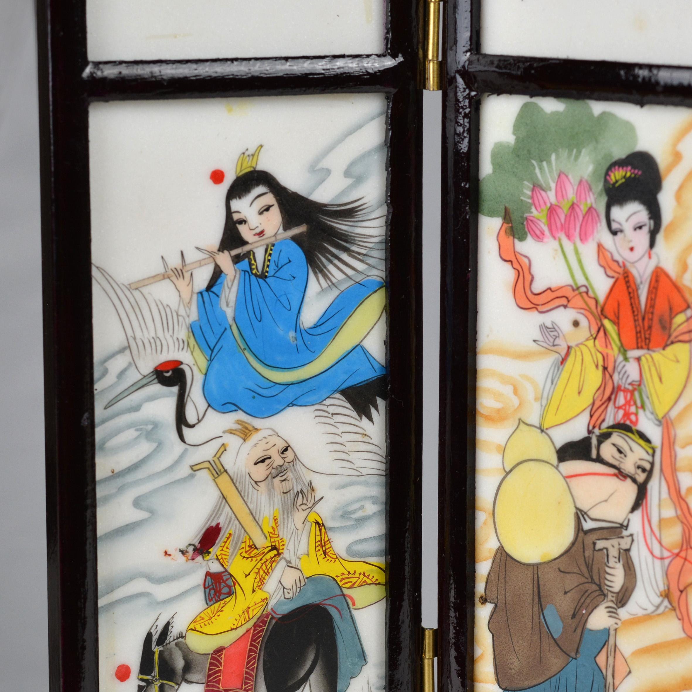ヴィンテージ中国製磁器卓上衝立：八仙と四季の花 長さ12.5インチ/31.8