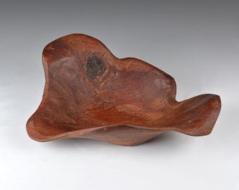 Vintage Hand-carved Sculptural Shape Hardwood Bowl, Rustic Home Decor L12.7”/32.3cm (N4370)