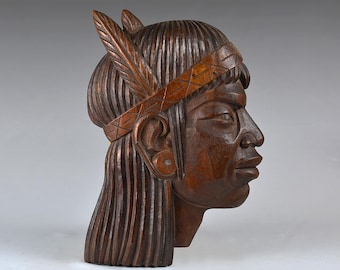 Vintage 1960's Wood Carving of Bolivian Warrior, Portrait Bust