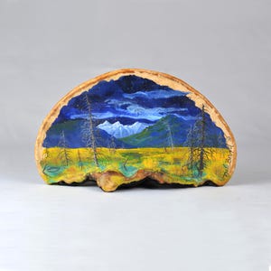 Vintage handgeschilderd rotsachtig berglandschap op boompaddestoel - 1988 gesigneerde kunst (9,8&quot;/25 cm) (N3643)