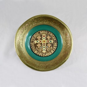 Vintage Israel Brass Enamel Plate Wall Decor Holy Land Jerusalem Circa 1960s 7.7”/19.5cm
