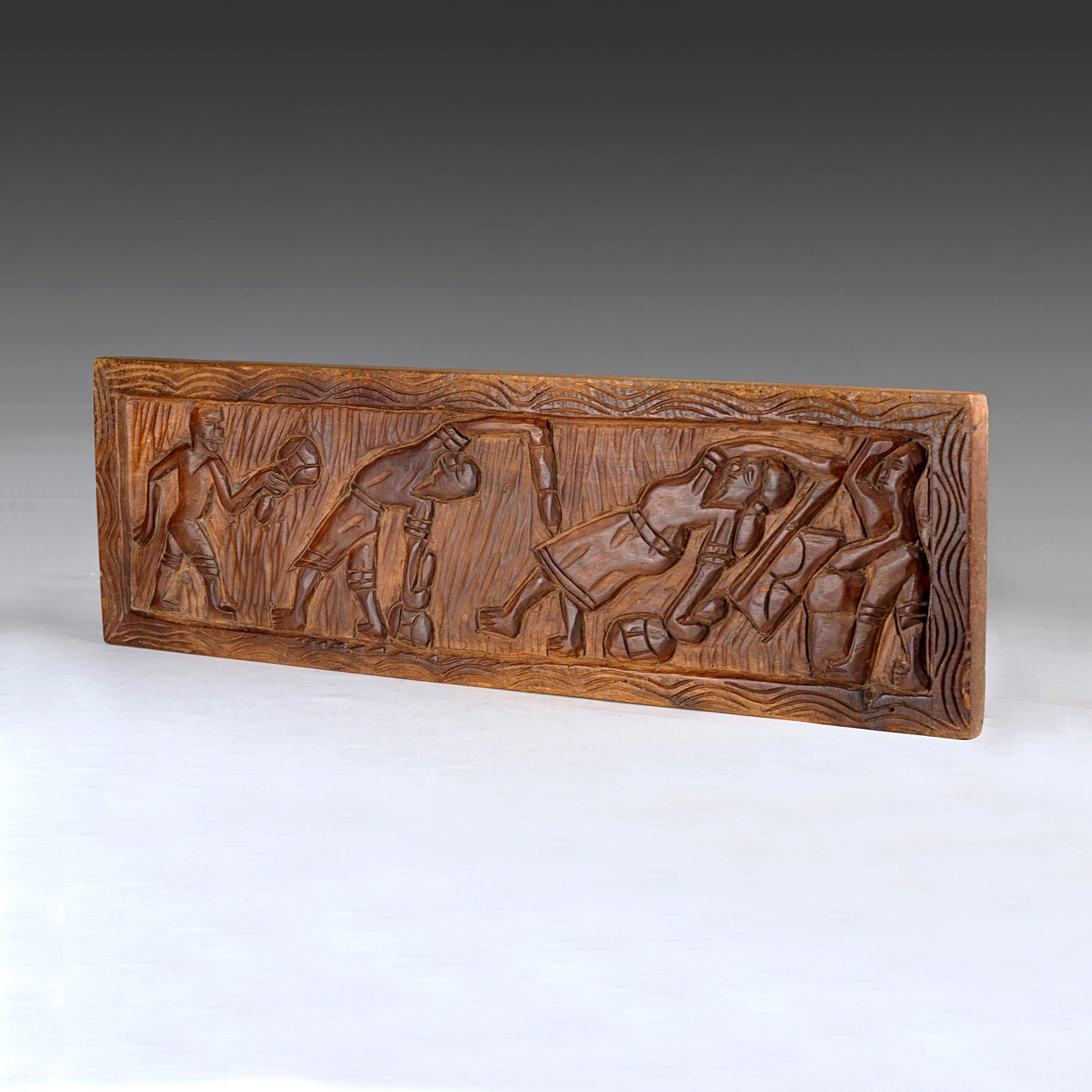 Hand Carved African Tribal Wood Plaque - Vintage Wall Art (23.3