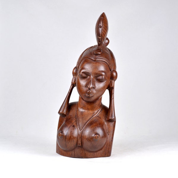 Heavy Vintage African Art Hand Carved Ironwood Nude Fulani Woman Bust Sculpture 15"/38cm (N2967)