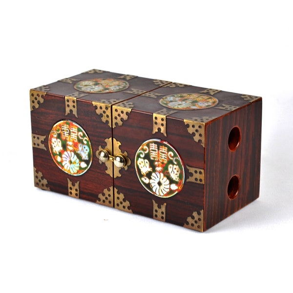 Old Korean Traditional Design Najeonchilgi Lacquer Small Folding Travel Wooden Jewelry Box Mother of Pearl Inlay 6.7”/17cm (N3229)