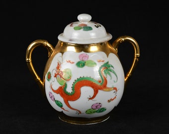 Azucarero de porcelana antigua de la dinastía Qing: Dragón y fénix pintados a mano, 560 ml (N3224)