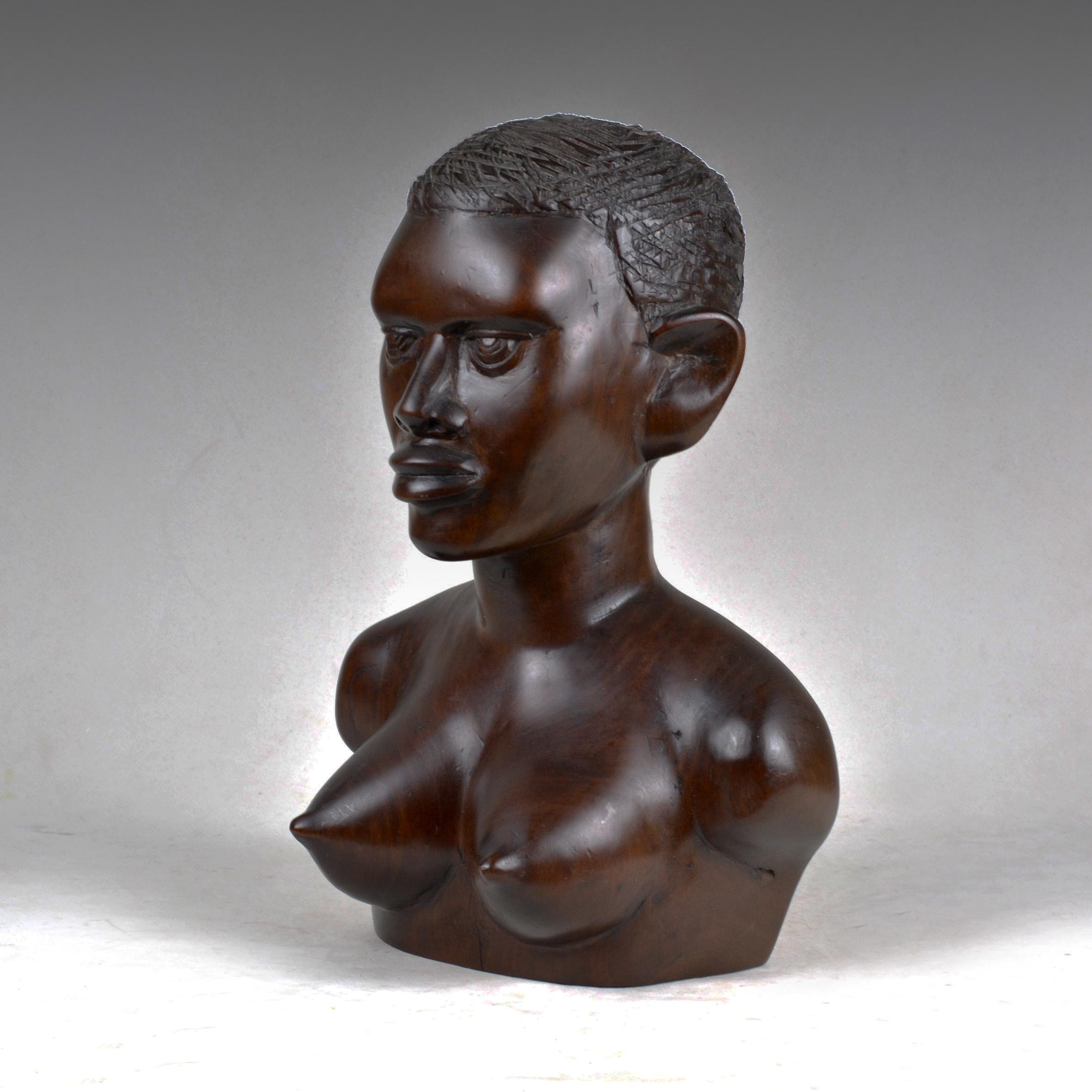 Hand Carved Ironwood African Female Bust Sculpture - Vintage Art