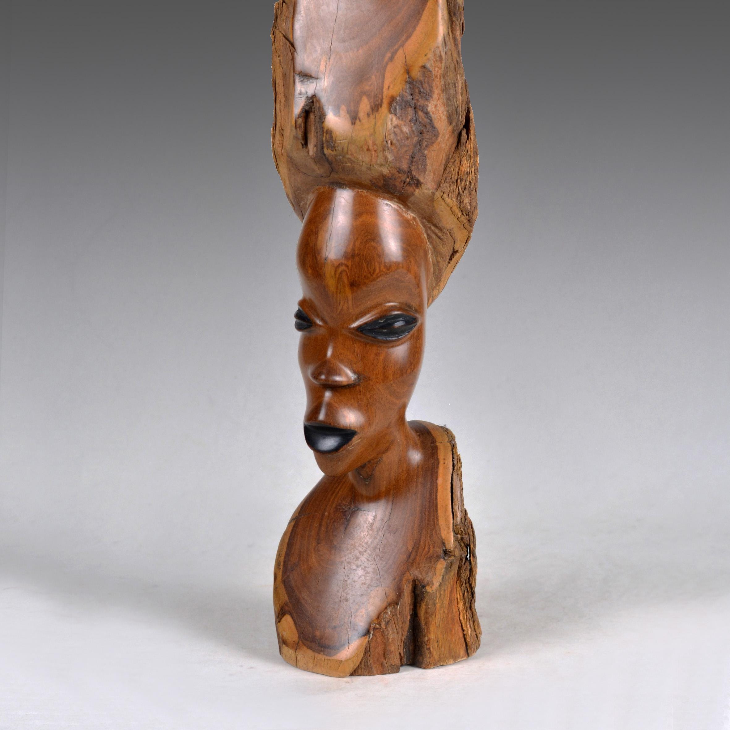 Vintage African Hardwood Sculpture: Hand Carved Women Faces