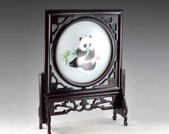 Vintage Chinese Handicraft Shu Embroidery Double-sided Framed Silk Screen Panda Eating Bamboo 14.2”/36.2cm (N1989)