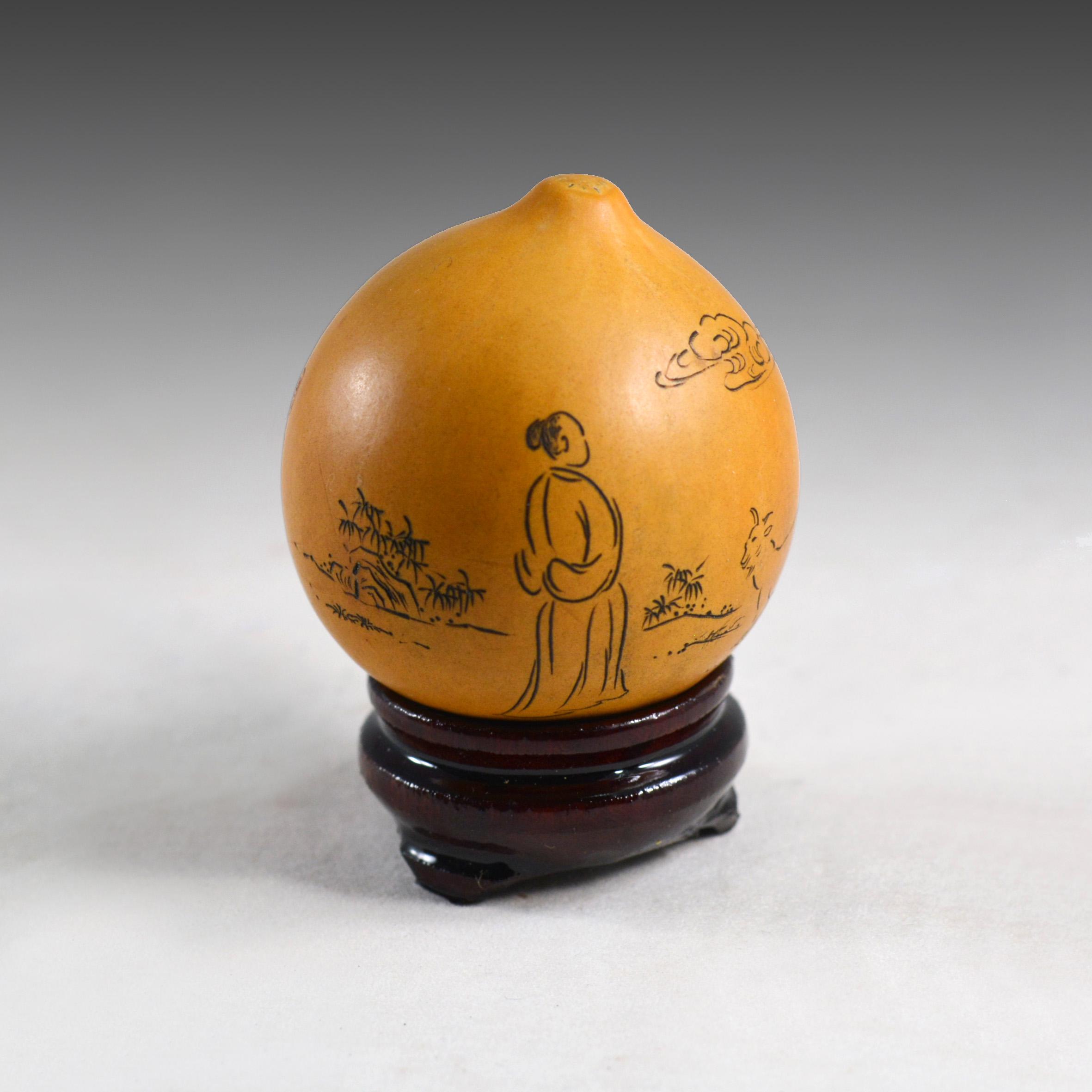 中国美術工芸品　瓢箪　ひょうたん　手彫り人物画　ヴィンテージ ヴィンテージ中国製ひょうたんアート：手彫りマイクロ彫刻（箱付き