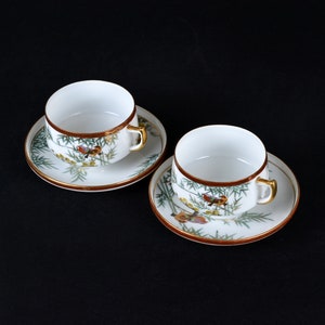 Set of 2 Antique Japanese Kutani Eggshell Porcelain Cups & Saucers Hand Painted Bamboo Birds and Flowers (N3200)