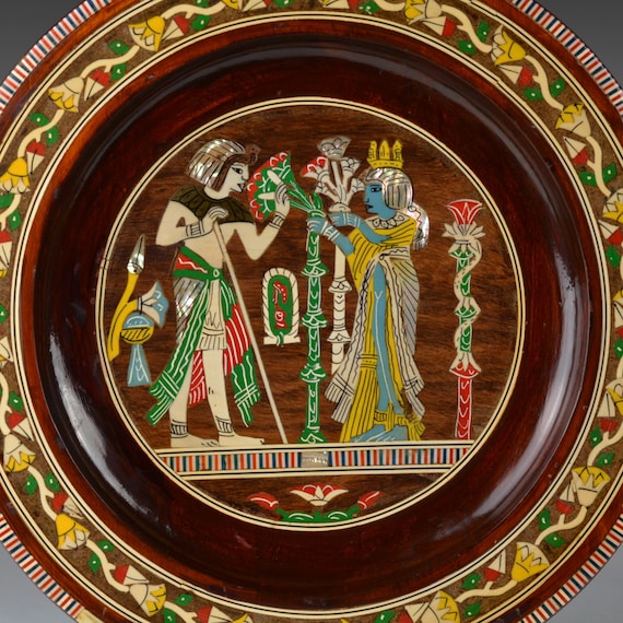 Vintage Egyptian Mother of Pearl Inlay Wooden Plate: Tutankhamun
