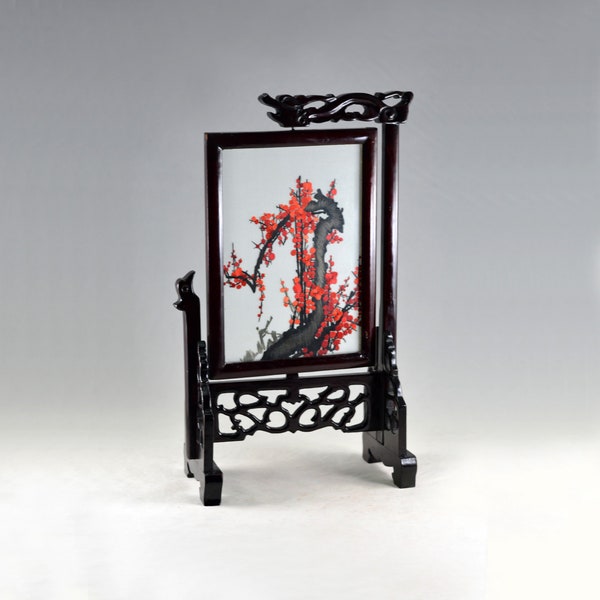 Vintage Chinees Handwerk Zijde Borduurwerk Kunst Pruim Bloemen Dubbelzijdig Draaibaar Frame Tafel Ornamenten 13.8"/35cm (H)