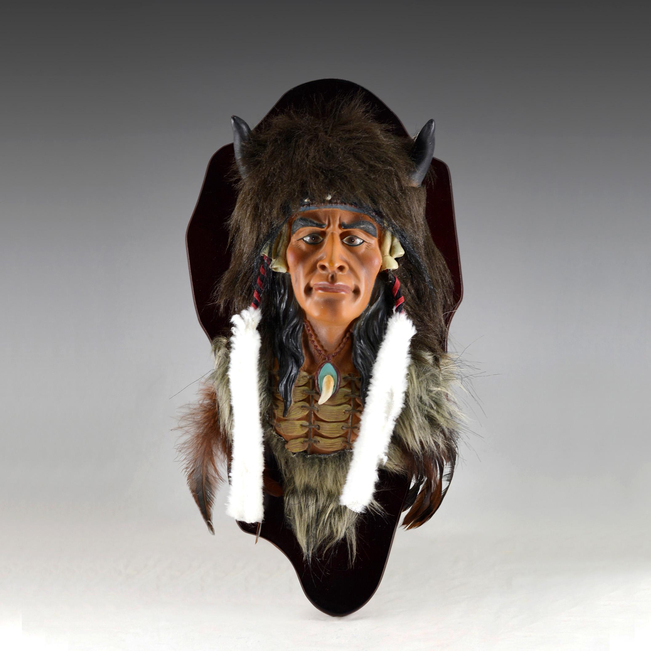 Vintage Native American Chief Head Wall Decor: Handcrafted Fur