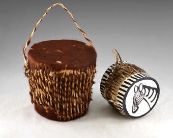 Vintage Small African Zulu Drums: Tribal Folk Art Animal Hide Pair (5.8”/15cm) (N2188)
