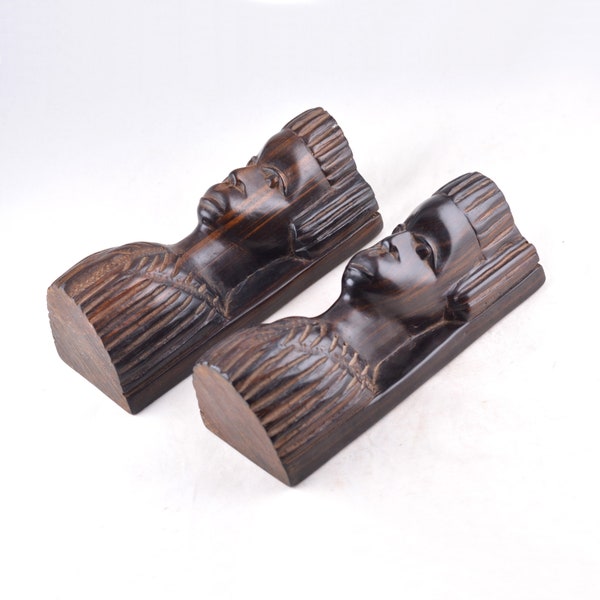 Heavy Vintage African Tribal Art Hand Carved Ironwood Female Bust Sculpture Bookends 8.3”/21cm