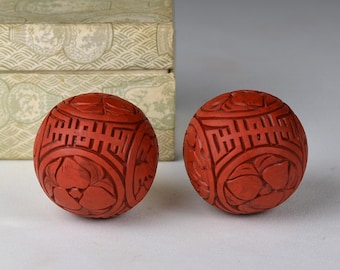 Vintage Hand Carved Cinnabar Baoding Balls: Chinese Lacquer Therapy (N4012)