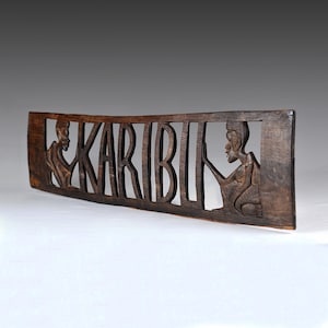 Cartello di benvenuto vintage africano intagliato a mano in legno di ferro (ebano?) in stile swahili Karibu Kwetu (Benvenuti a casa nostra), 20,8"/53 cm (N3559)